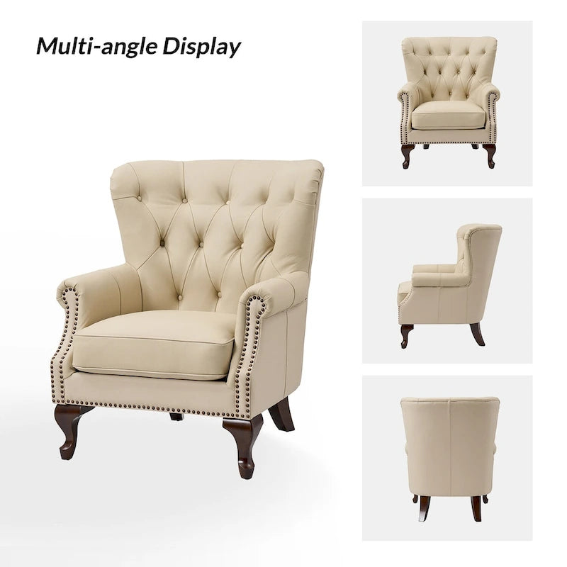 Fauteuil en cuir véritable avec clous décoratifs et coussin amovible, lot de 2