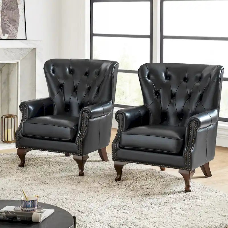 Fauteuil en cuir véritable avec clous décoratifs et coussin amovible, lot de 2