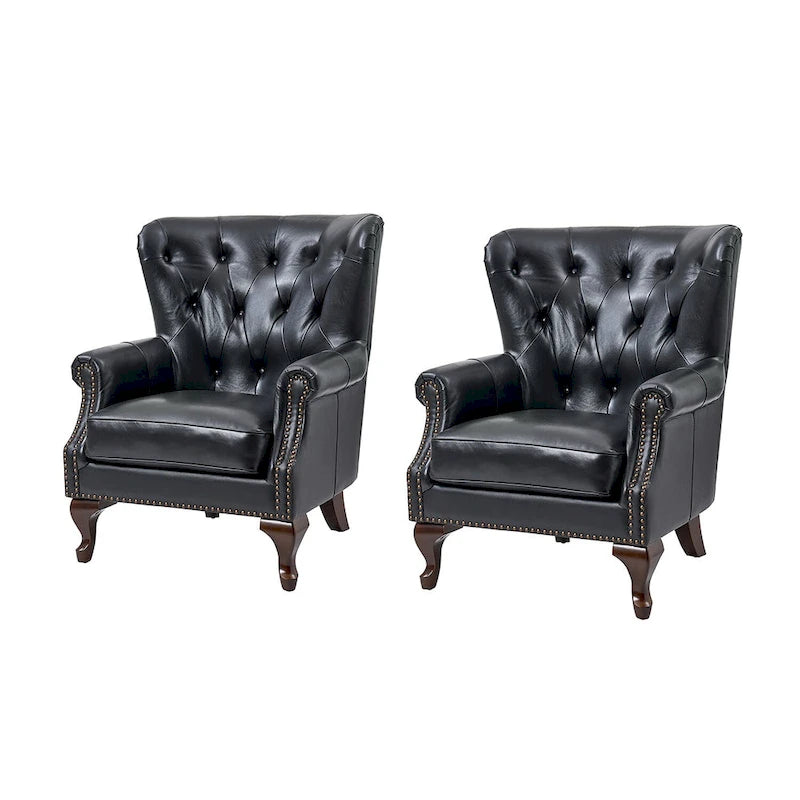 Fauteuil en cuir véritable avec clous décoratifs et coussin amovible, lot de 2