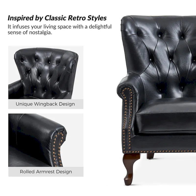 Fauteuil en cuir véritable avec clous décoratifs et coussin amovible, lot de 2