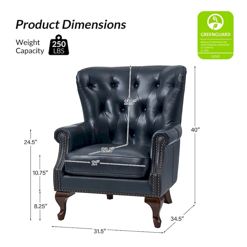 Fauteuil en cuir véritable avec clous décoratifs et coussin amovible, lot de 2