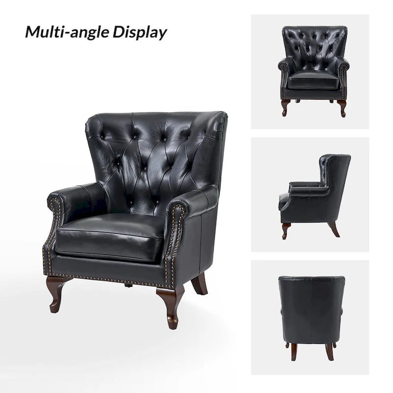 Fauteuil en cuir véritable avec clous décoratifs et coussin amovible, lot de 2
