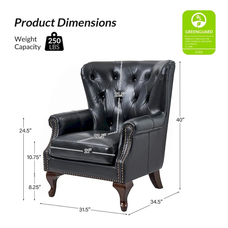 Fauteuil en cuir véritable avec clous décoratifs et coussin amovible, lot de 2