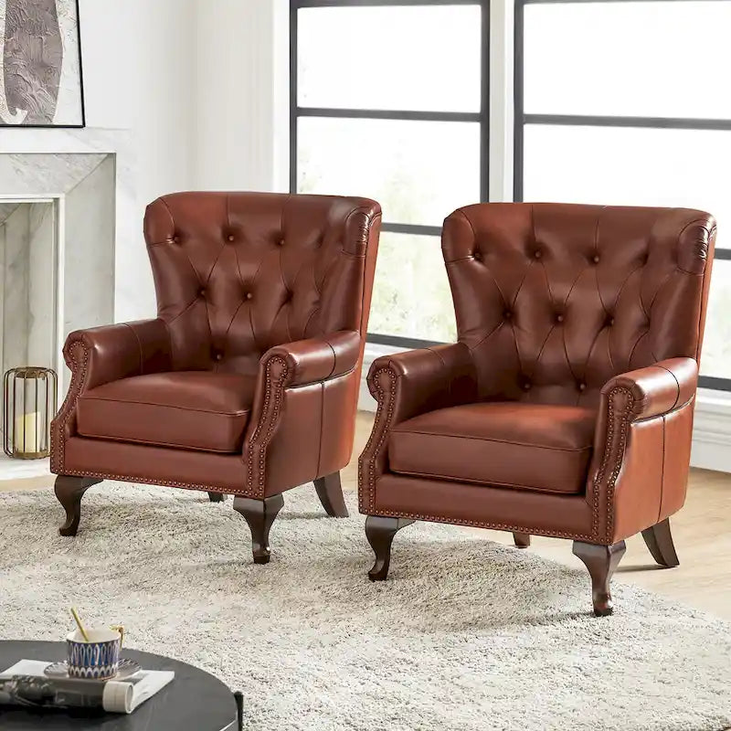 Fauteuil en cuir véritable avec clous décoratifs et coussin amovible, lot de 2