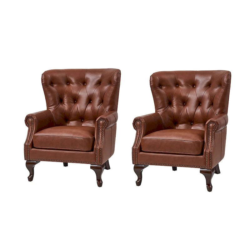 Fauteuil en cuir véritable avec clous décoratifs et coussin amovible, lot de 2