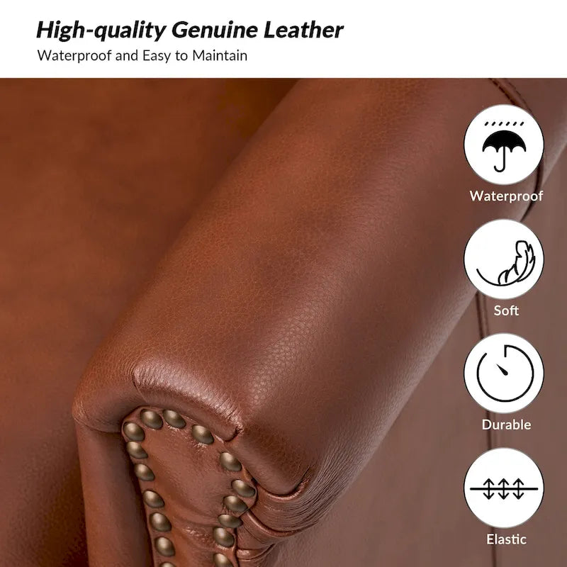 Fauteuil en cuir véritable avec clous décoratifs et coussin amovible, lot de 2