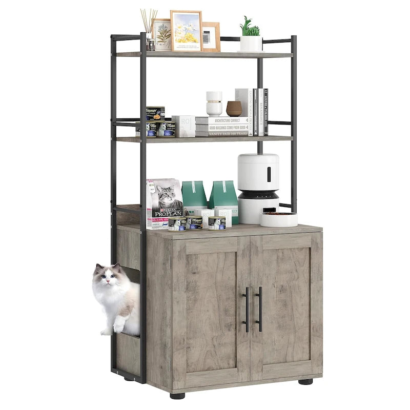 Cache-litière 2-en-1 pour chat avec 3 étagères et une porte