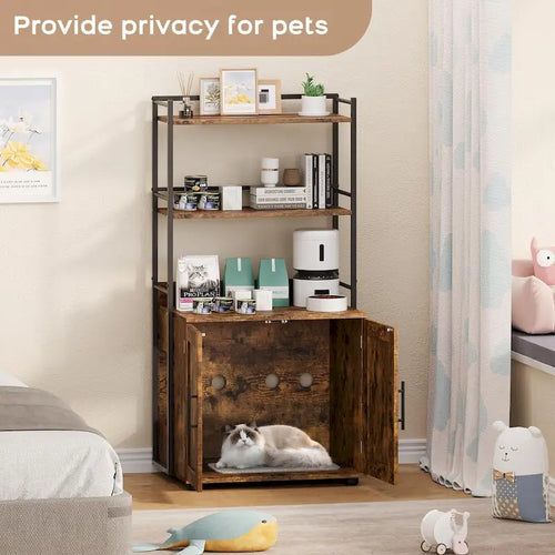 Cache-litière 2-en-1 pour chat avec 3 étagères et une porte