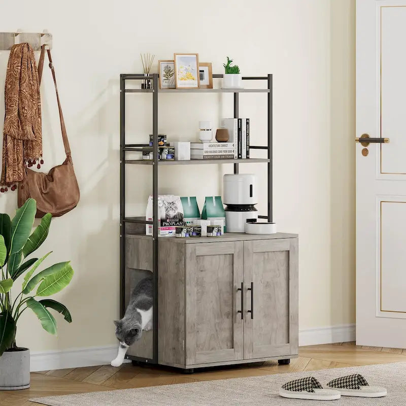 Cache-litière 2-en-1 pour chat avec 3 étagères et une porte