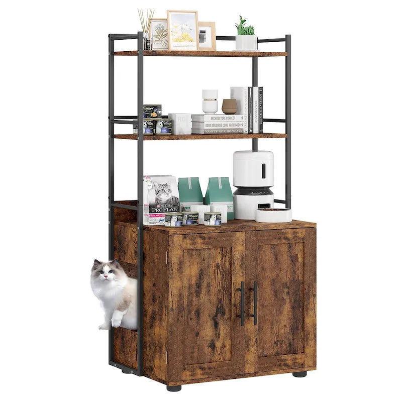 Cache-litière 2-en-1 pour chat avec 3 étagères et une porte