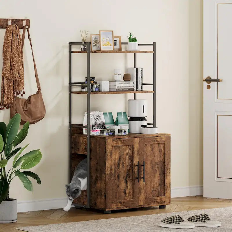 Cache-litière 2-en-1 pour chat avec 3 étagères et une porte