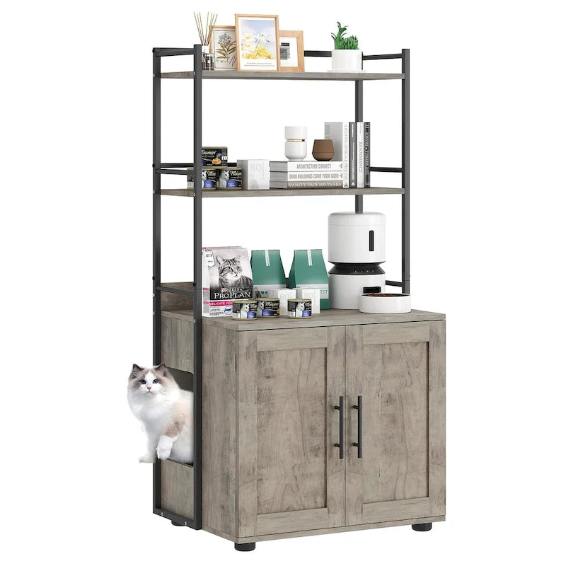 Cache-litière 2-en-1 pour chat avec 3 étagères et une porte