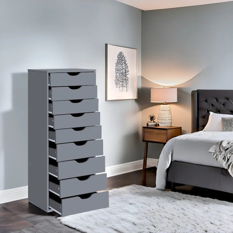 Étroite commode en bois à 9 tiroirs coulissants et étagère de rangement supérieure