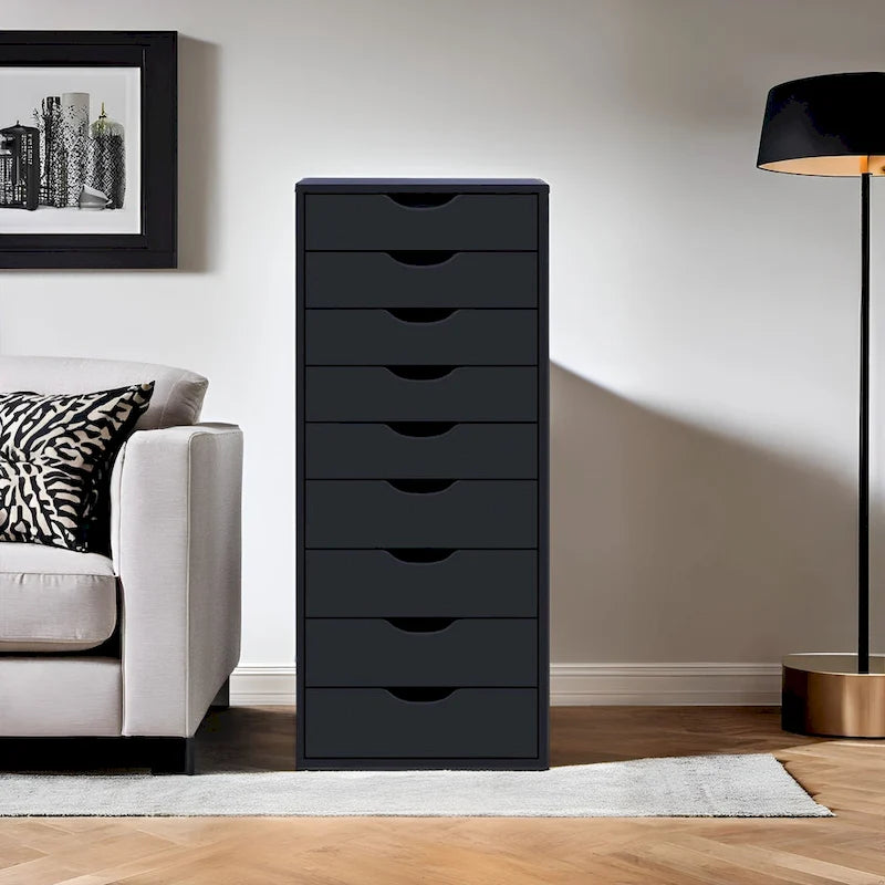 Étroite commode en bois à 9 tiroirs coulissants et étagère de rangement supérieure