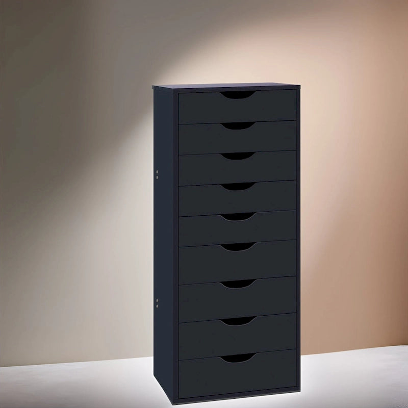 Étroite commode en bois à 9 tiroirs coulissants et étagère de rangement supérieure