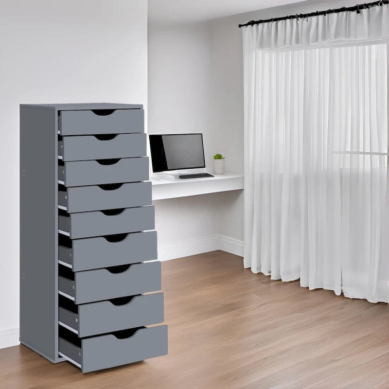 Étroite commode en bois à 9 tiroirs coulissants et étagère de rangement supérieure