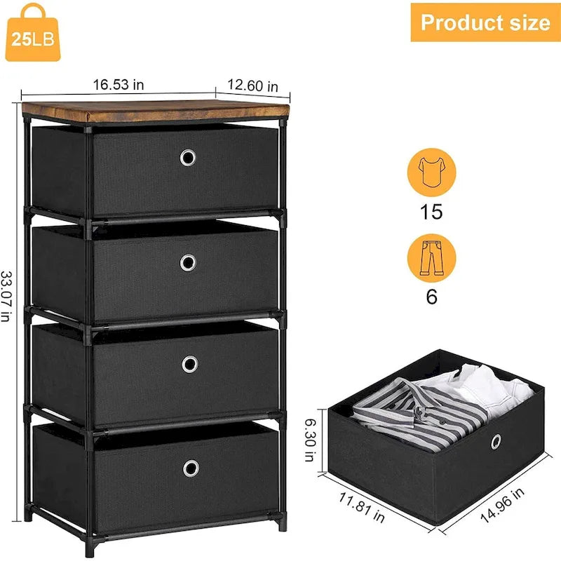 Commode de rangement à 4 tiroirs en tissu et acier pour la maison, le dortoir ou le bureau