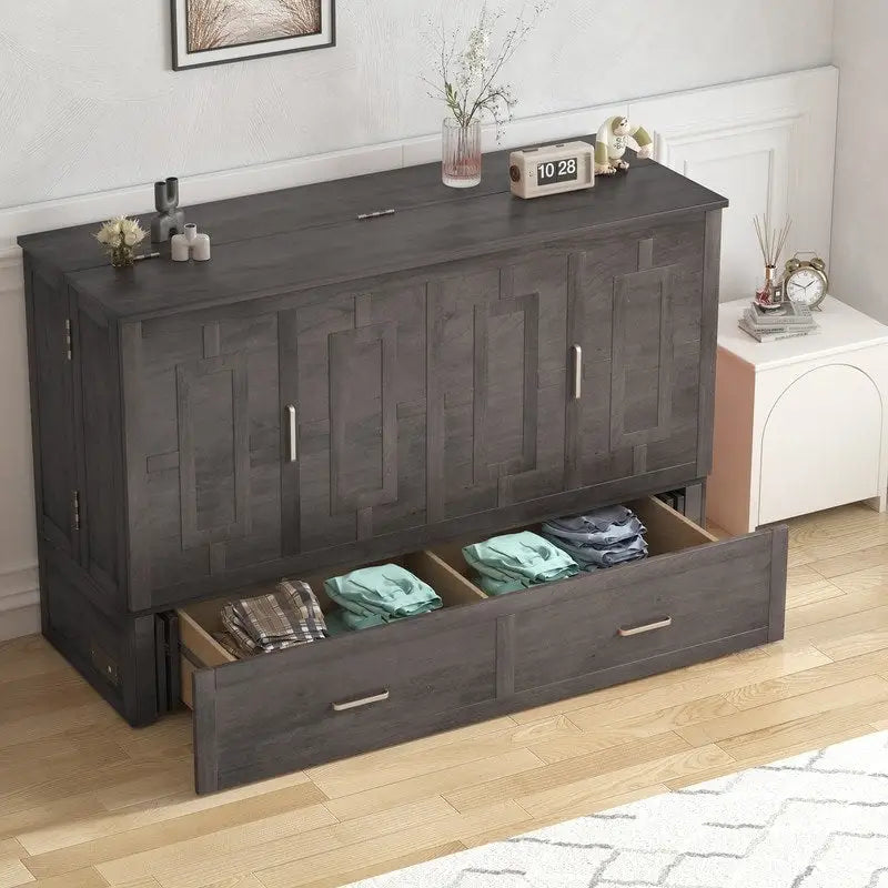 Coffre de lit escamotable moderne avec matelas, tiroir de rangement et station de charge
