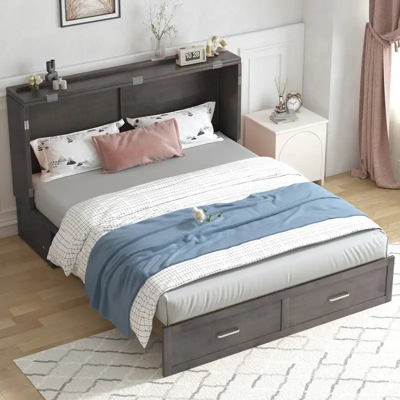Coffre de lit escamotable moderne avec matelas, tiroir de rangement et station de charge