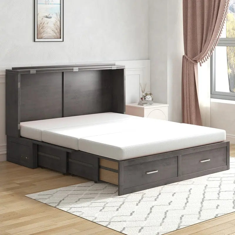 Coffre de lit escamotable moderne avec matelas, tiroir de rangement et station de charge