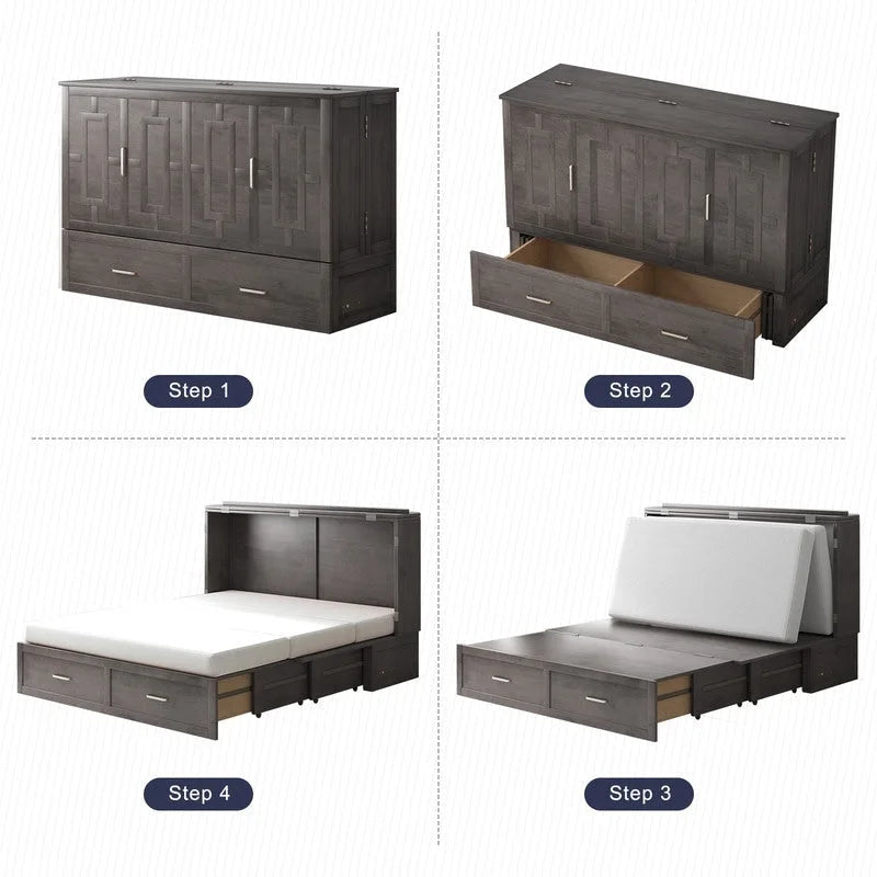 Coffre de lit escamotable moderne avec matelas, tiroir de rangement et station de charge
