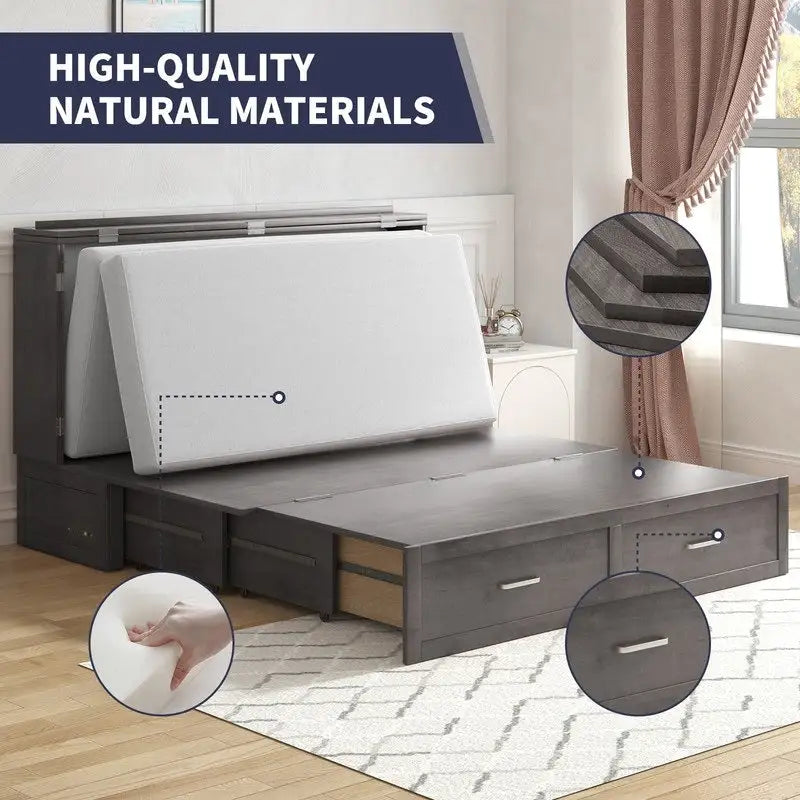 Coffre de lit escamotable moderne avec matelas, tiroir de rangement et station de charge