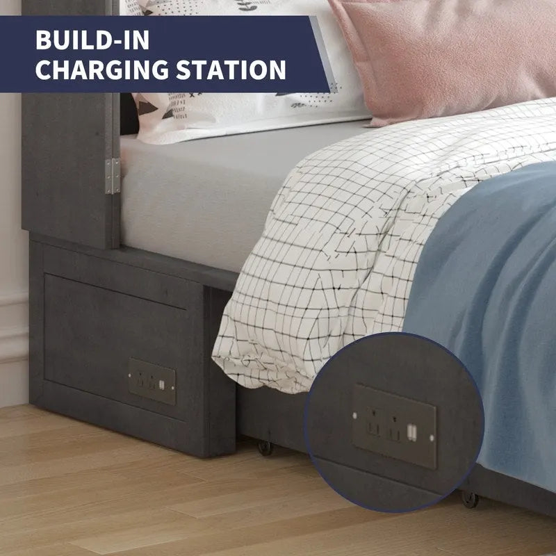 Coffre de lit escamotable moderne avec matelas, tiroir de rangement et station de charge