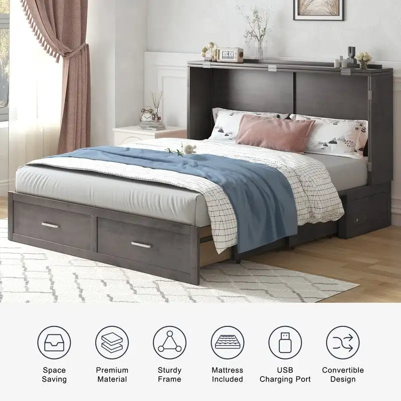 Coffre de lit escamotable moderne avec matelas, tiroir de rangement et station de charge