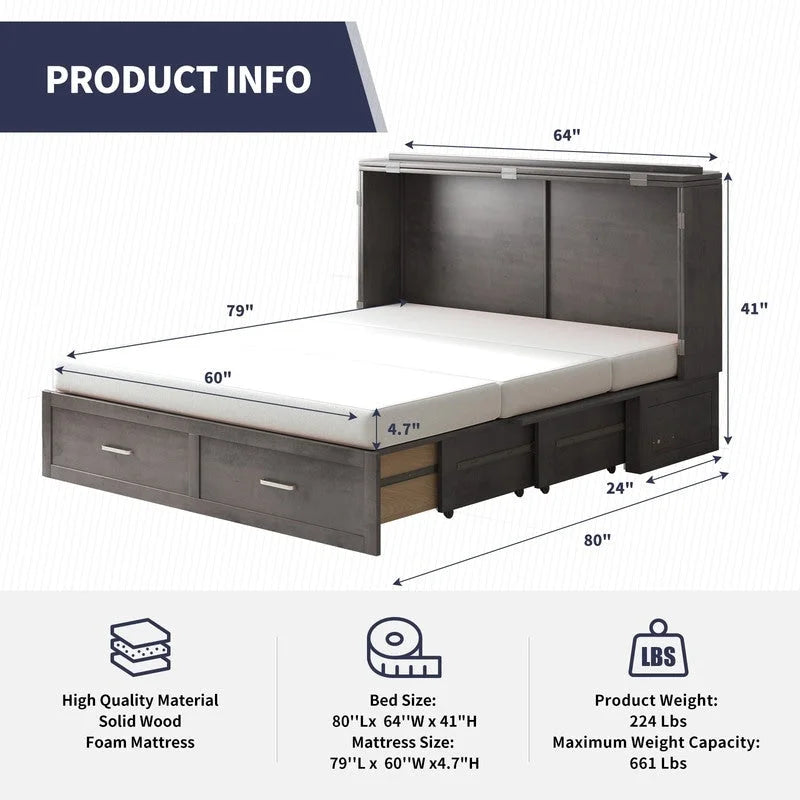 Coffre de lit escamotable moderne avec matelas, tiroir de rangement et station de charge