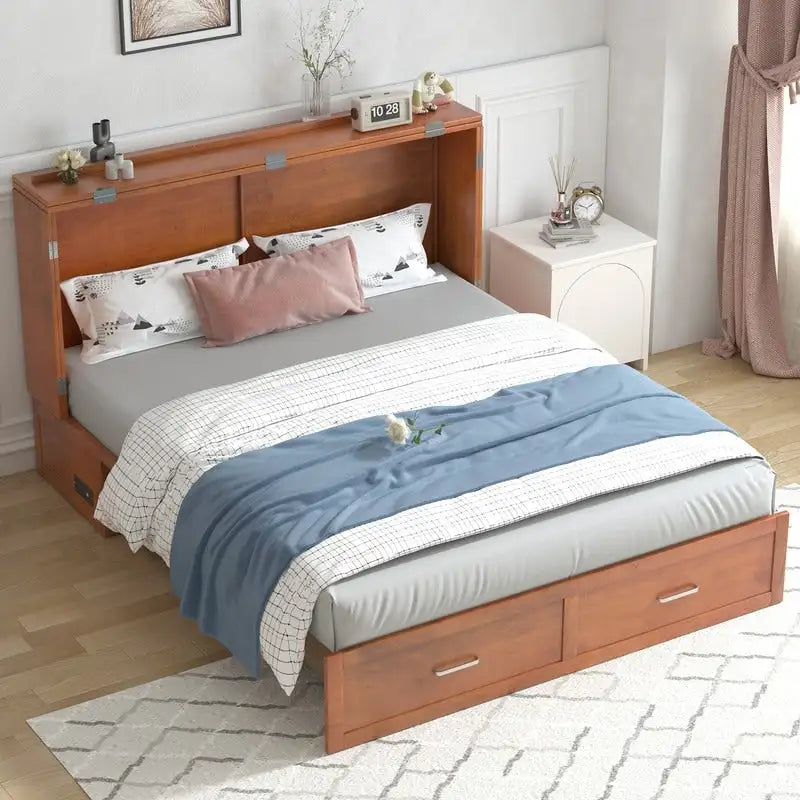 Coffre de lit escamotable moderne avec matelas, tiroir de rangement et station de charge