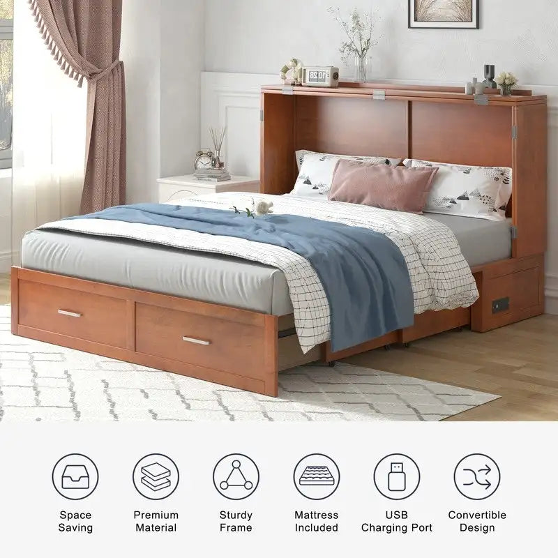 Coffre de lit escamotable moderne avec matelas, tiroir de rangement et station de charge