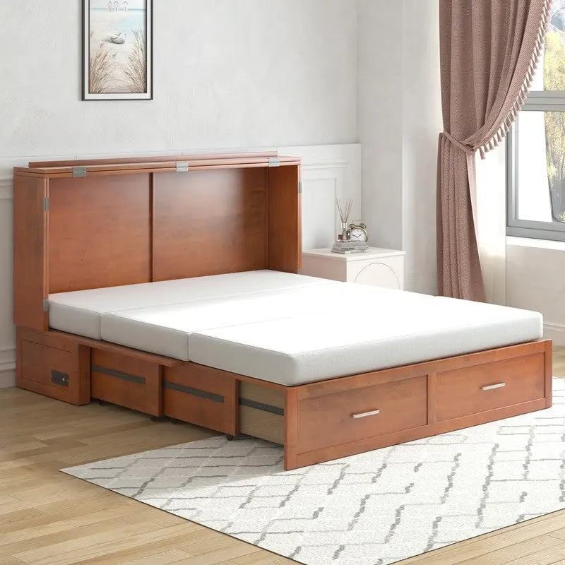 Coffre de lit escamotable moderne avec matelas, tiroir de rangement et station de charge