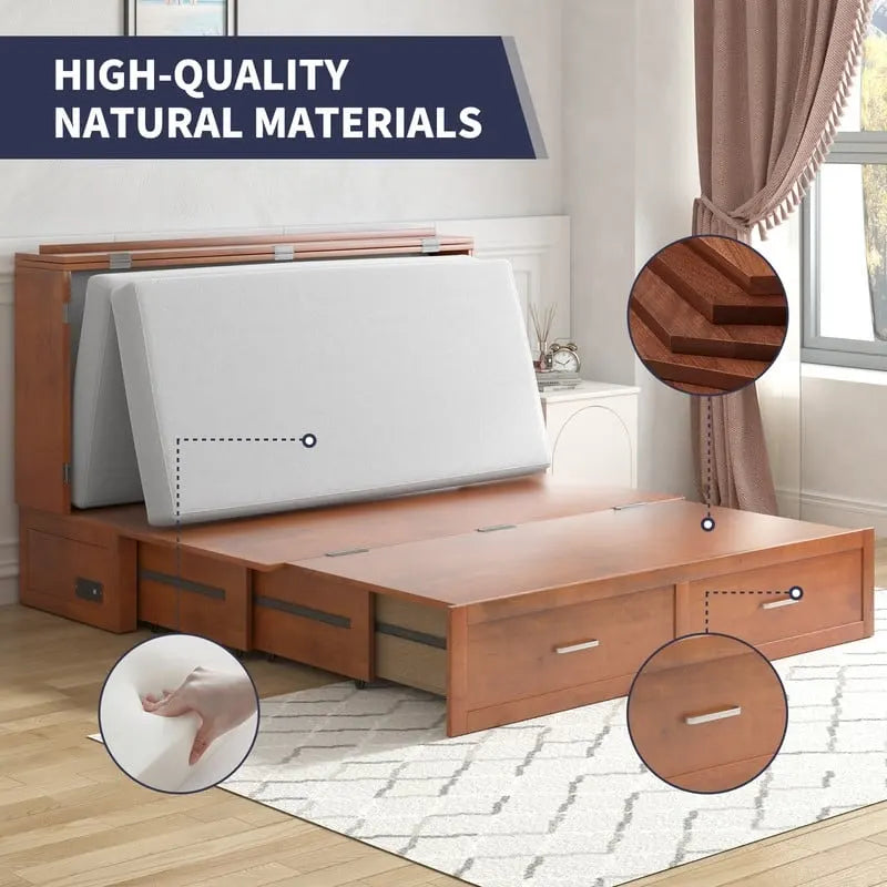 Coffre de lit escamotable moderne avec matelas, tiroir de rangement et station de charge