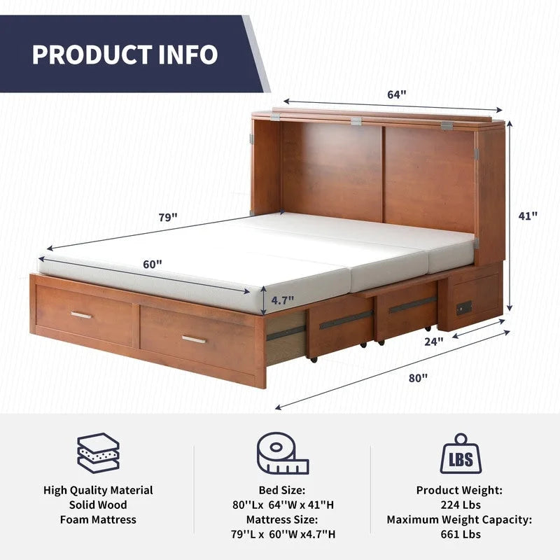 Coffre de lit escamotable moderne avec matelas, tiroir de rangement et station de charge