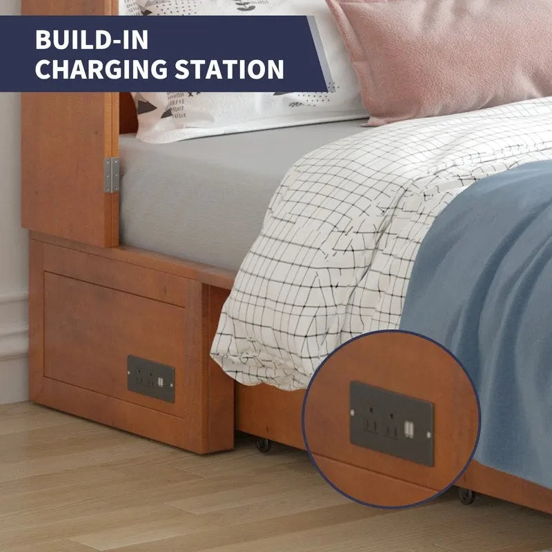 Coffre de lit escamotable moderne avec matelas, tiroir de rangement et station de charge