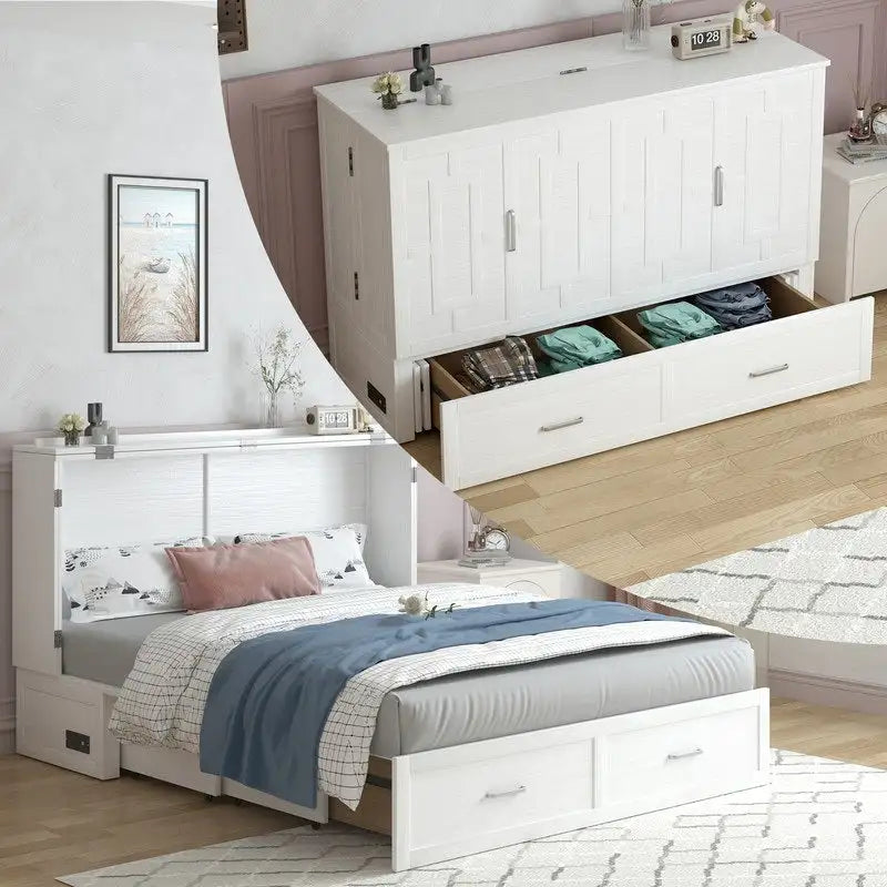 Coffre de lit escamotable moderne avec matelas, tiroir de rangement et station de charge