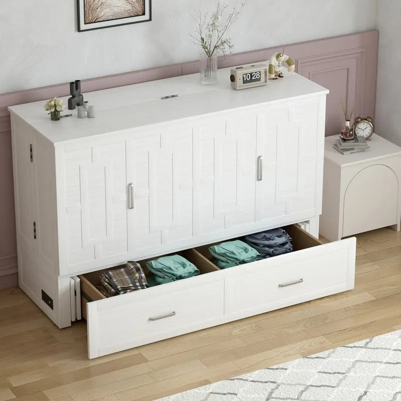 Coffre de lit escamotable moderne avec matelas, tiroir de rangement et station de charge