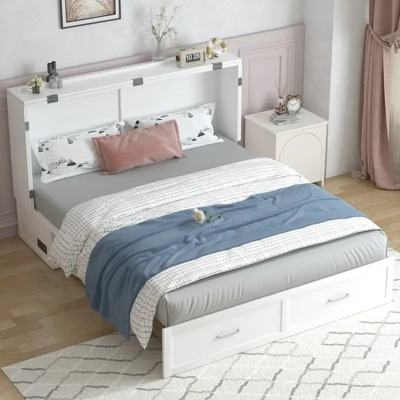 Coffre de lit escamotable moderne avec matelas, tiroir de rangement et station de charge