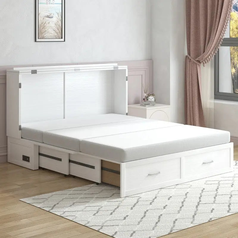 Coffre de lit escamotable moderne avec matelas, tiroir de rangement et station de charge