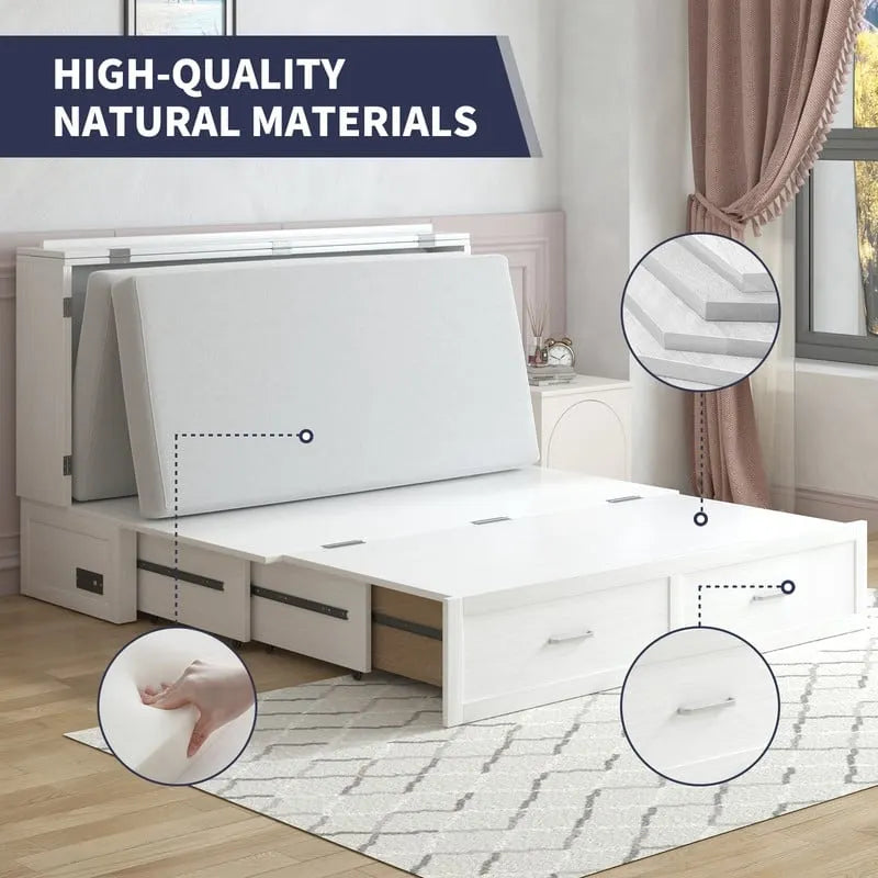 Coffre de lit escamotable moderne avec matelas, tiroir de rangement et station de charge