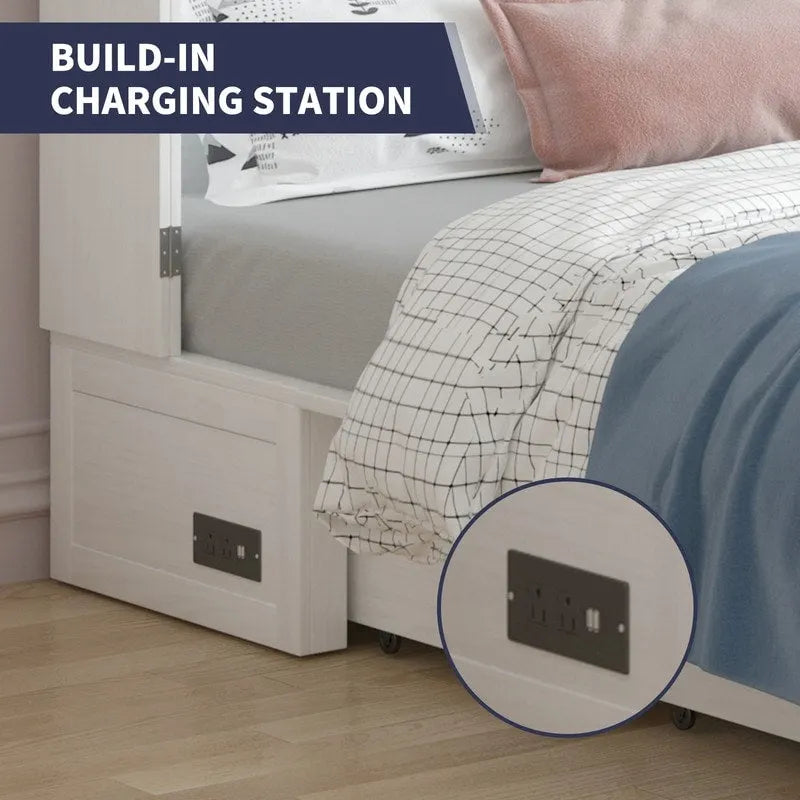 Coffre de lit escamotable moderne avec matelas, tiroir de rangement et station de charge