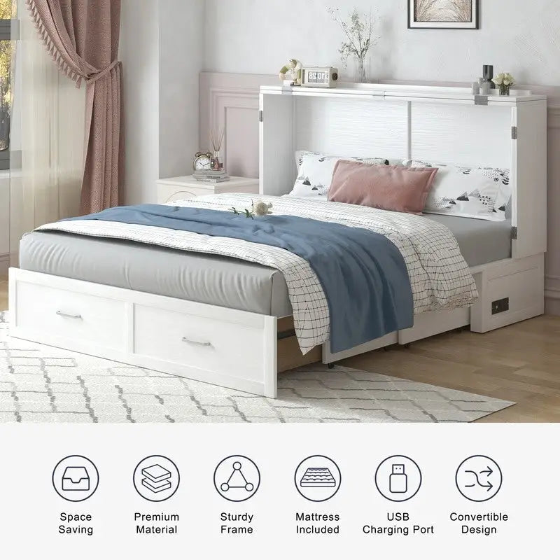 Coffre de lit escamotable moderne avec matelas, tiroir de rangement et station de charge
