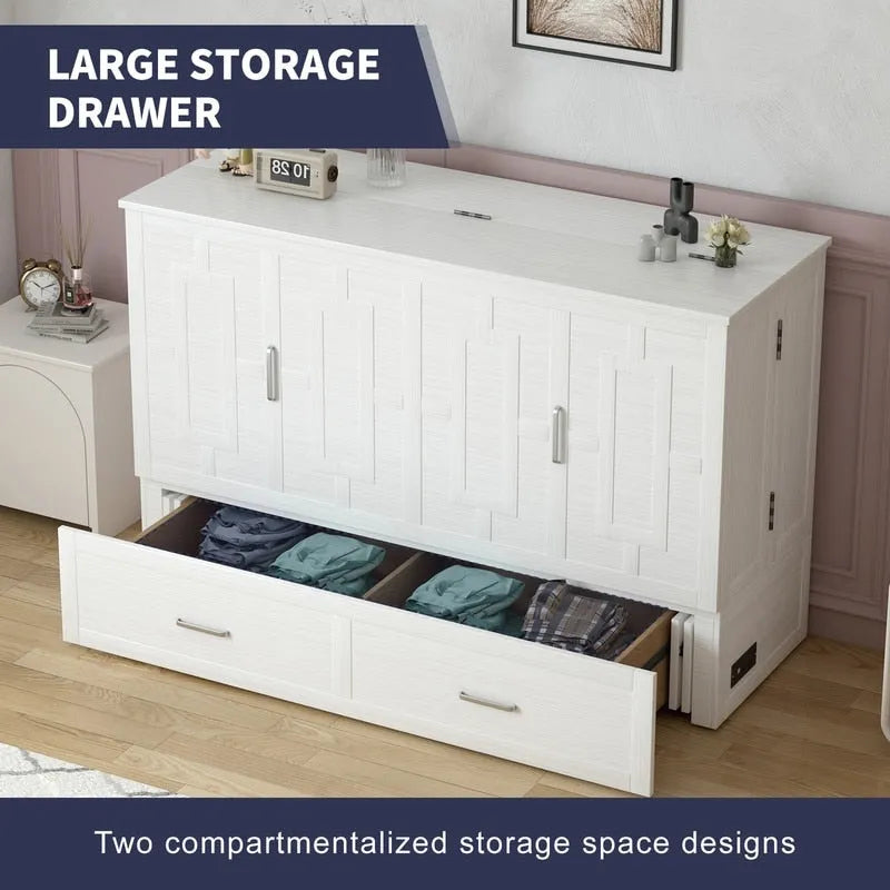 Coffre de lit escamotable moderne avec matelas, tiroir de rangement et station de charge