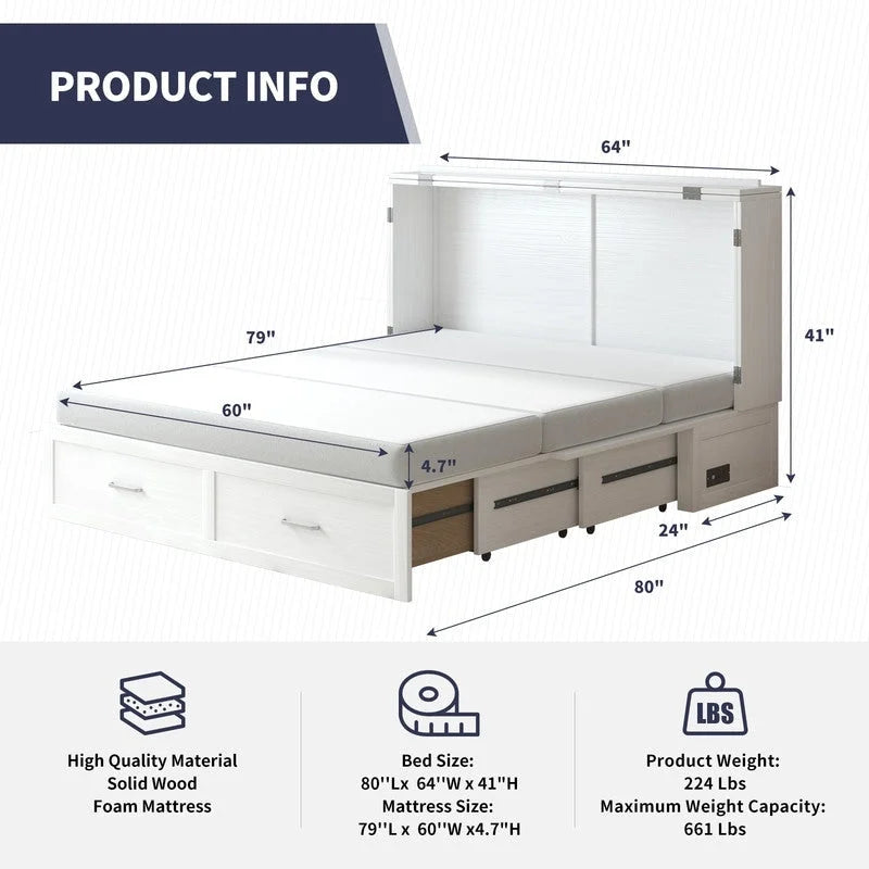Coffre de lit escamotable moderne avec matelas, tiroir de rangement et station de charge