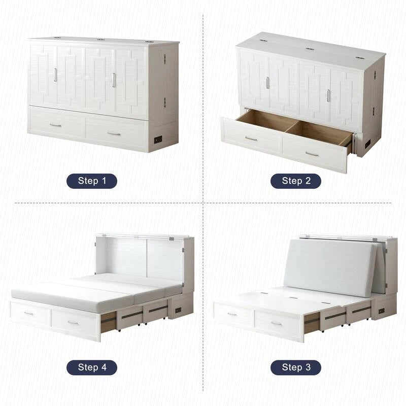 Coffre de lit escamotable moderne avec matelas, tiroir de rangement et station de charge