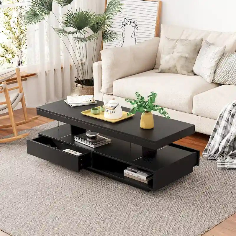 Table basse avec 2 tiroirs et étagères de présentation