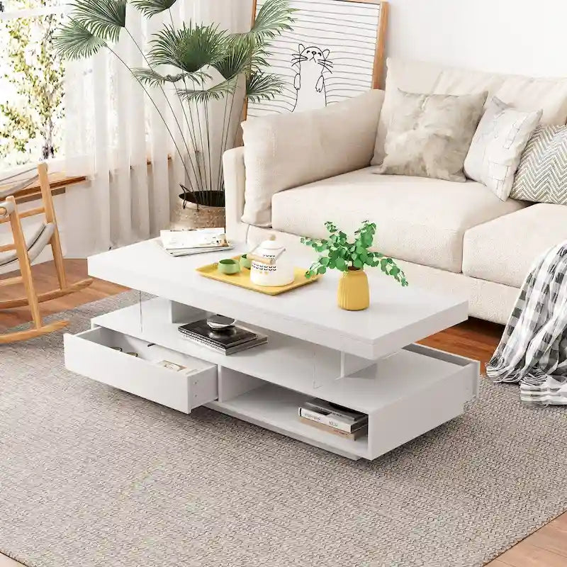 Table basse avec 2 tiroirs et étagères de présentation