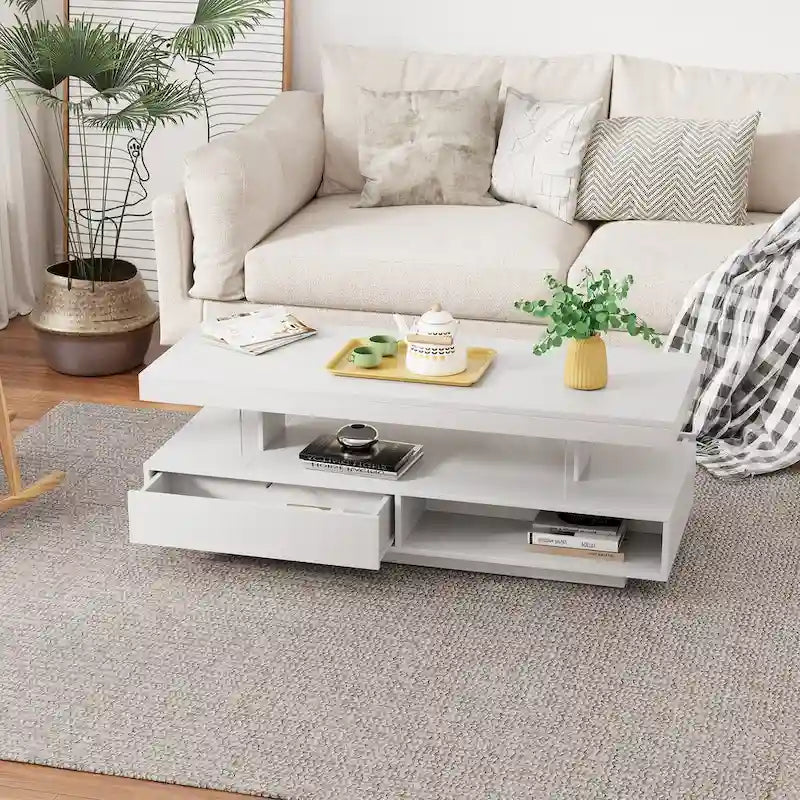 Table basse avec 2 tiroirs et étagères de présentation