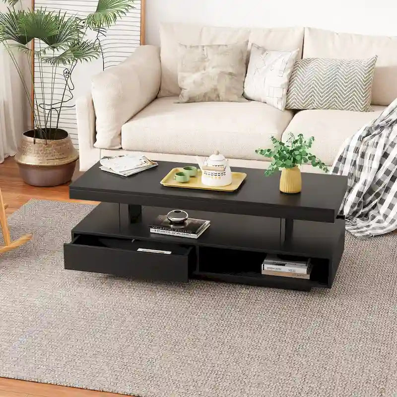 Table basse avec 2 tiroirs et étagères de présentation