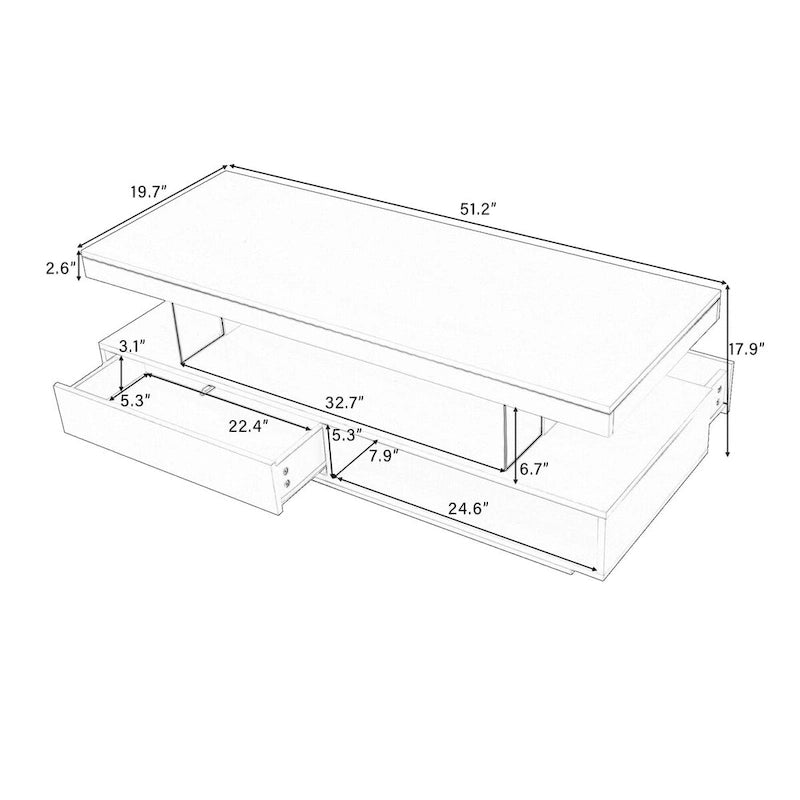 Table basse avec 2 tiroirs et étagères de présentation